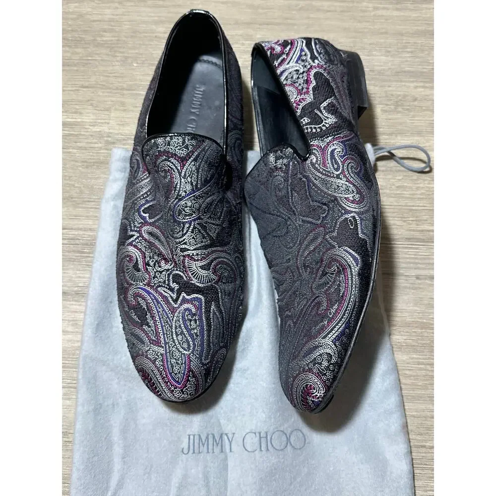 Jimmy Choo Men's Sloane Brocade purple black paisley slip on loafers size 46